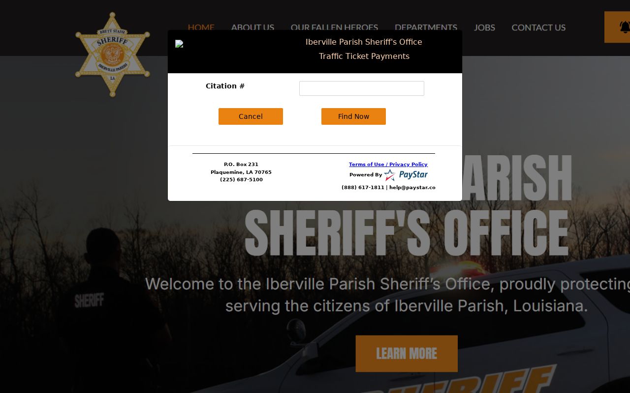 Iberville County traffic warrant: sheriff ticket payment screen accepting only a citation number