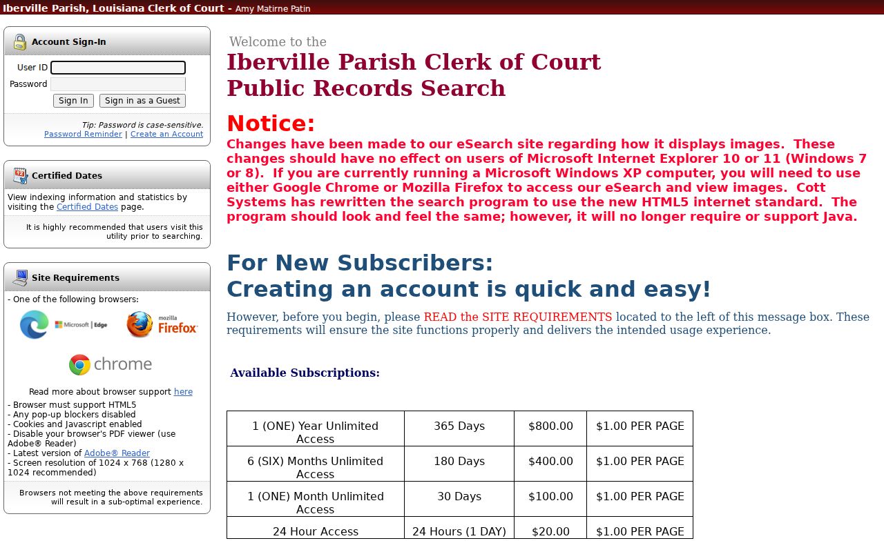Iberville County warrant search: clerk record search sign-in with guest and subscription options