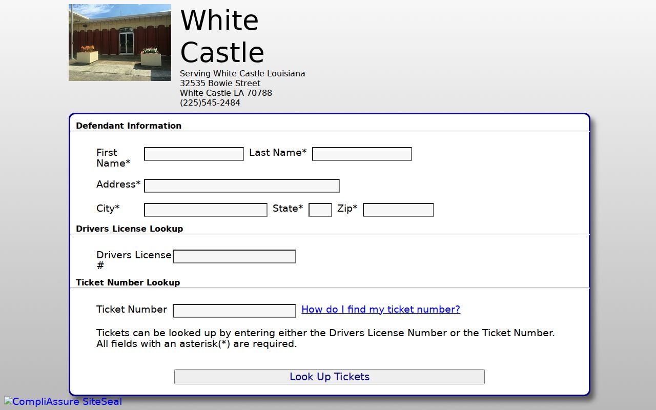 White Castle warrant records: QuickCourt ticket lookup fields and town contact