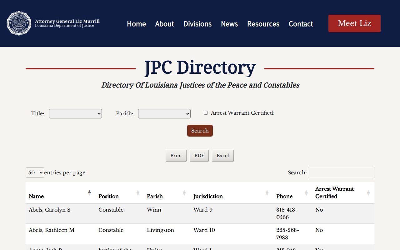 Iberville County municipal court warrants: justice of the peace directory certification filters