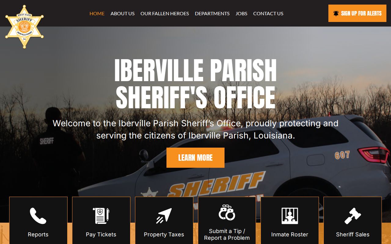 Iberville County warrant records: sheriff homepage navigation showing office quick links